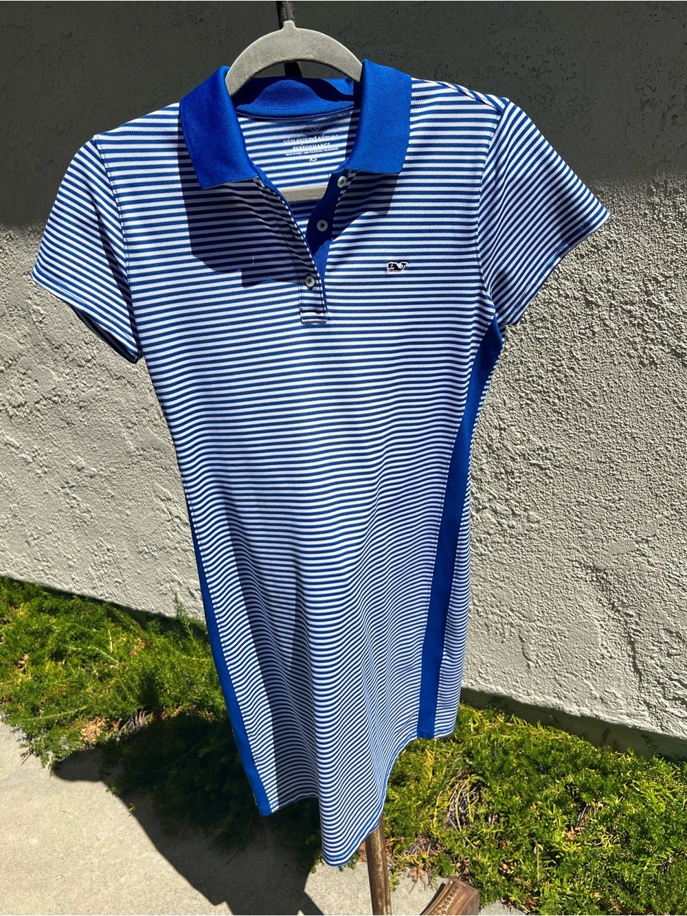 Vineyard Vines Blue and White Striped Polo Midi Dress with Royal Blue Trim